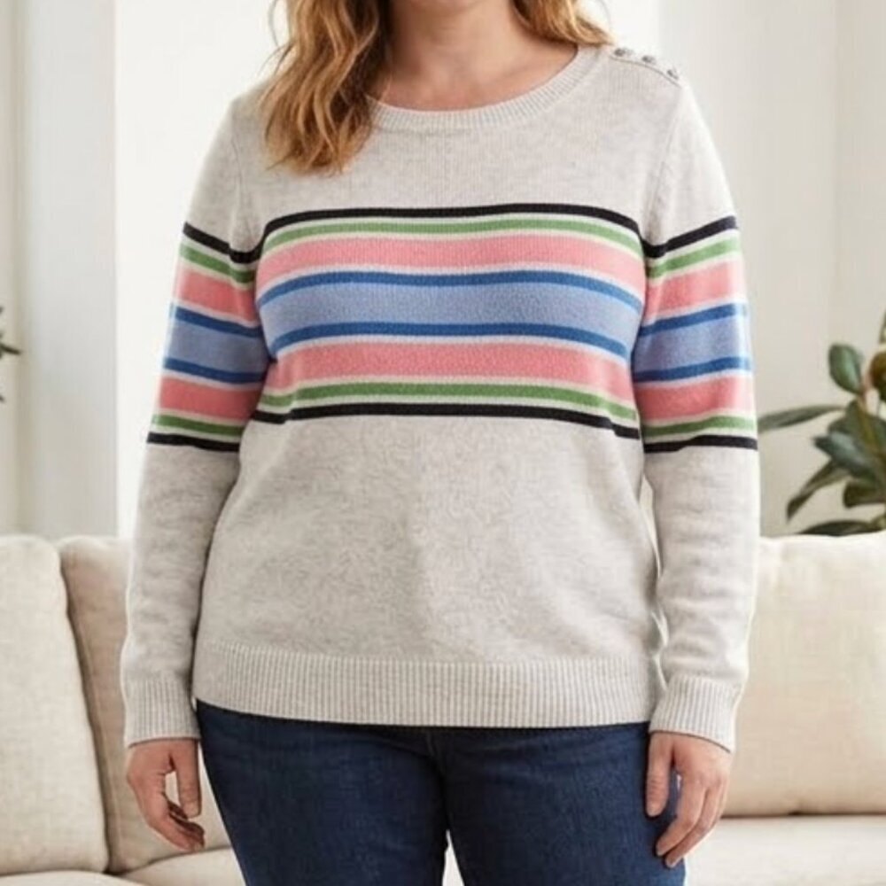 Talbots Striped Sweater XL Button Shoulder Pastel Stripe Knit